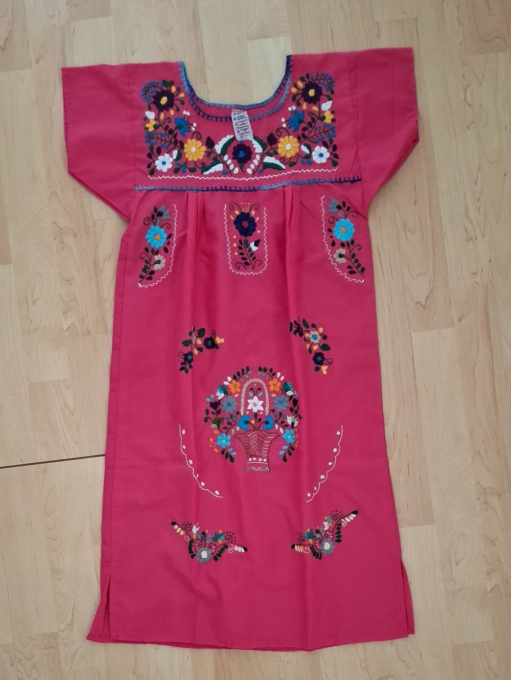 Girls Vintage Hand Embroidered Pink Floral Mexican Maxi Dress